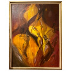 Original Signed Mid-Century Modern Oil Painting by Sacor Bond Girls Dancing
