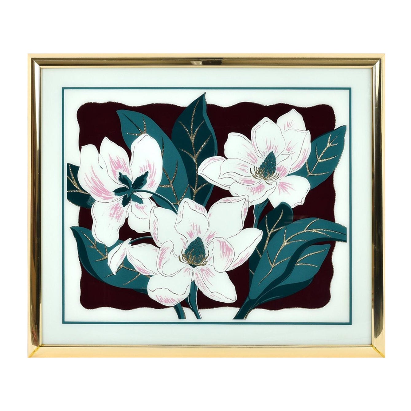 Vintage 1980s Post Modern White Magnolia Floral Wall Art with Gold Glitter For Sale