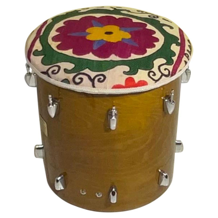 Funky Vintage Suzani Upholstered Drum Wood Stool For Sale