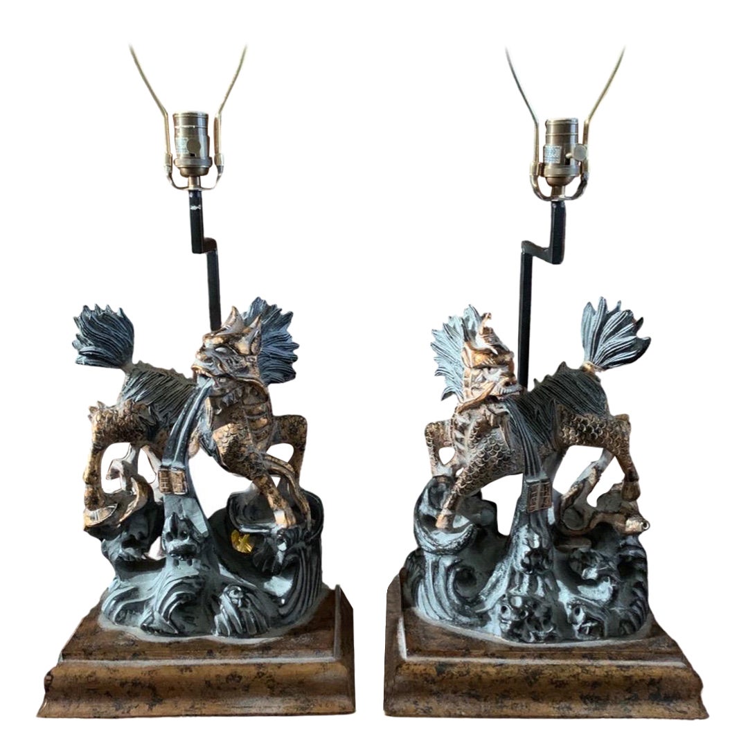 Foo Dog Pair of Lamps Black, Grey and Gold Large Living Room Table Lamps