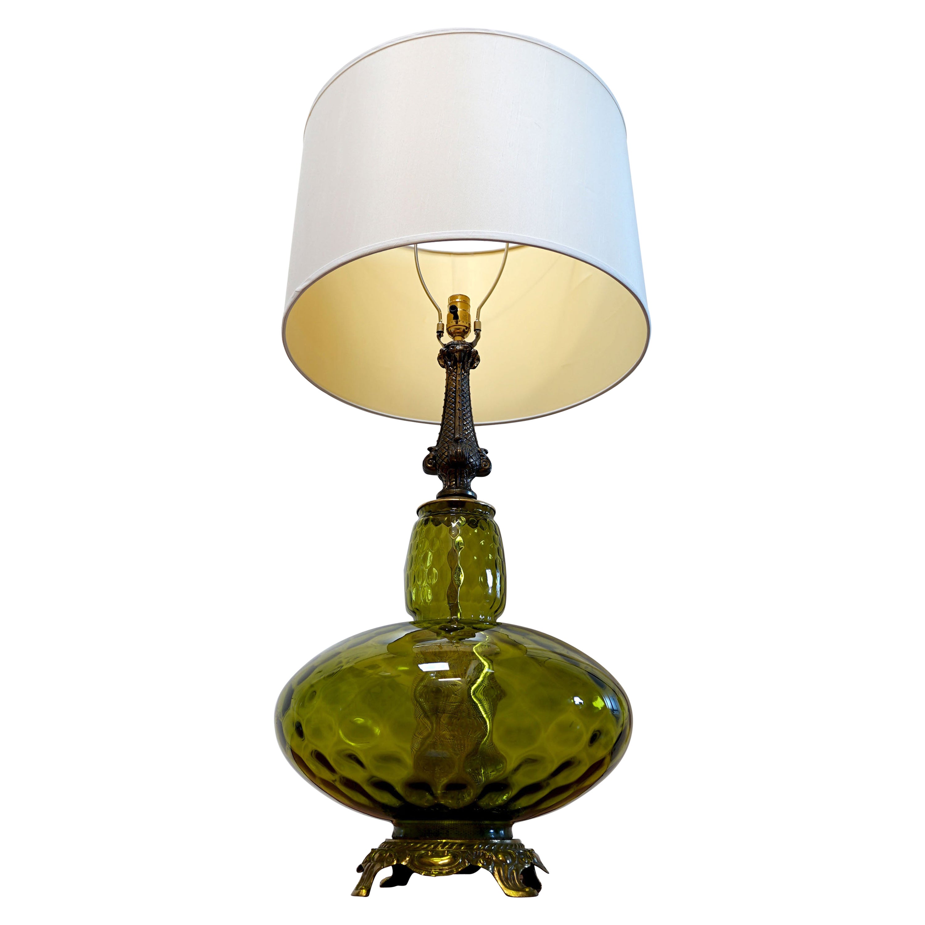 Monumental Empoli Glass and Brass Hollywood Regency Table Lamp For Sale