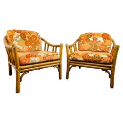 Pair of McGuire Rattan Chairs in Jack Lenor Larsen Fabric