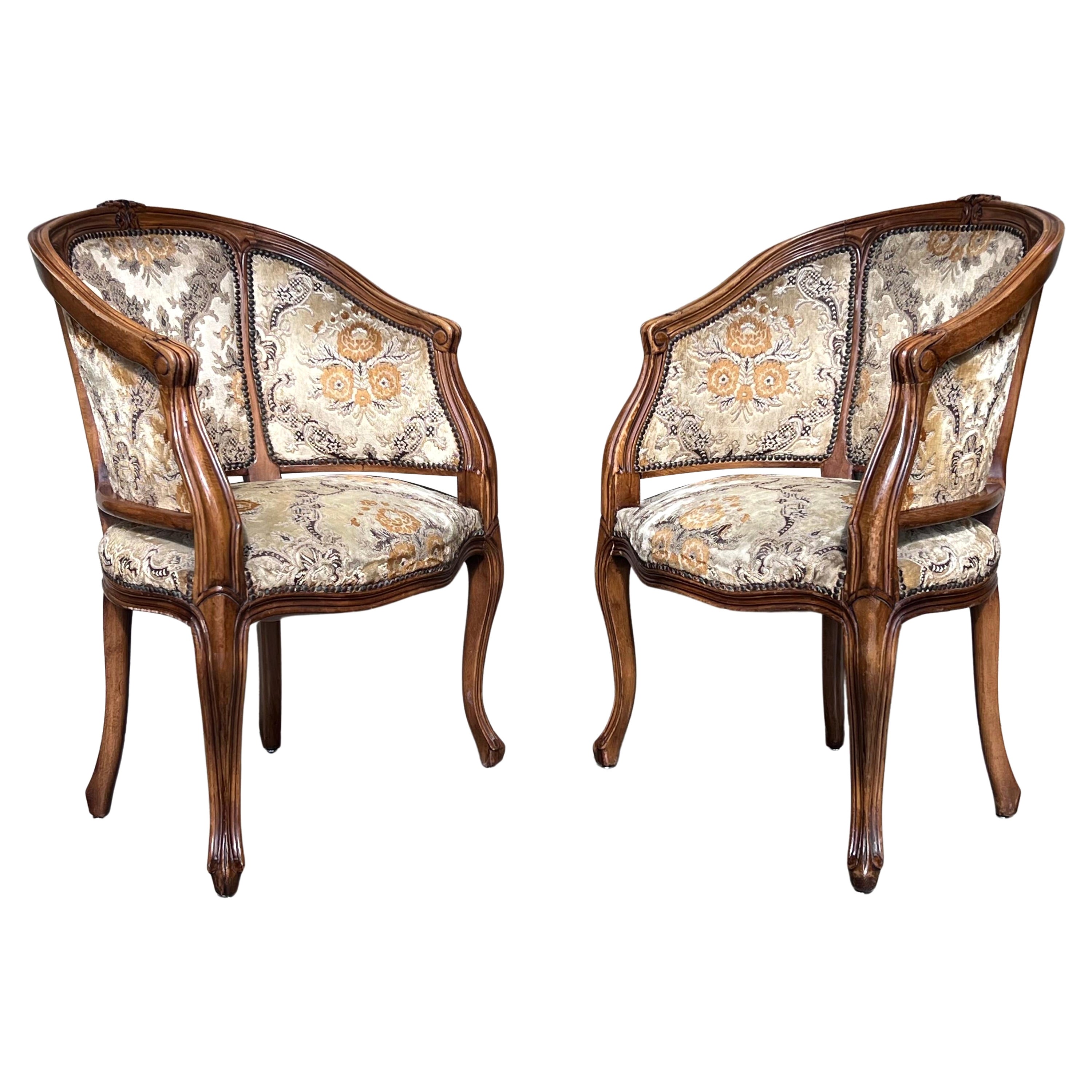 Pair of French Louis XVI Style Carved Walnut Round Bergere Armchairs