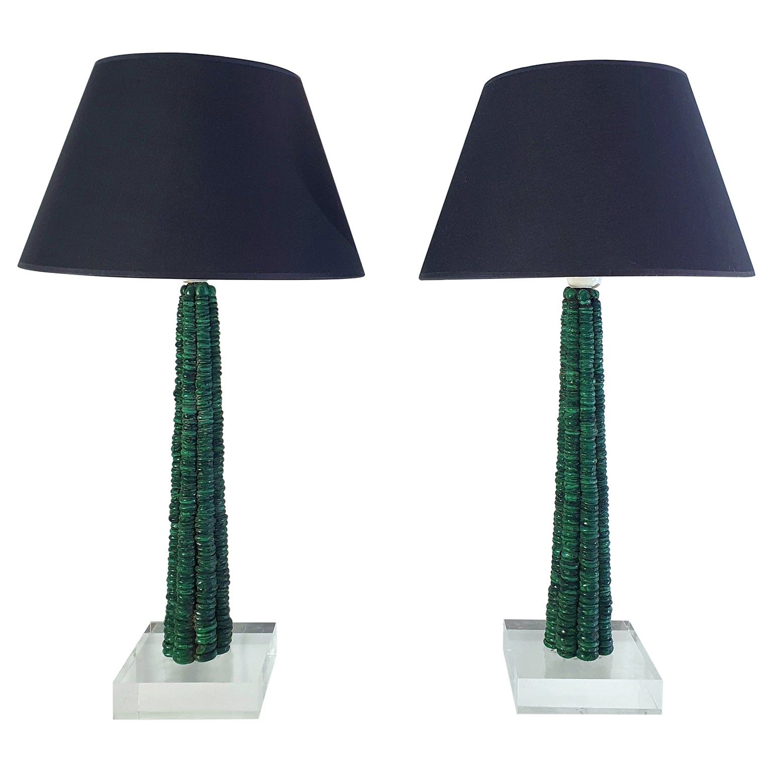 Pair of Table Lamps in Malachite and Lucite For Sale