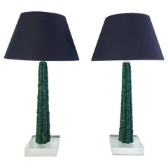 Pair of Table Lamps in Malachite and Lucite