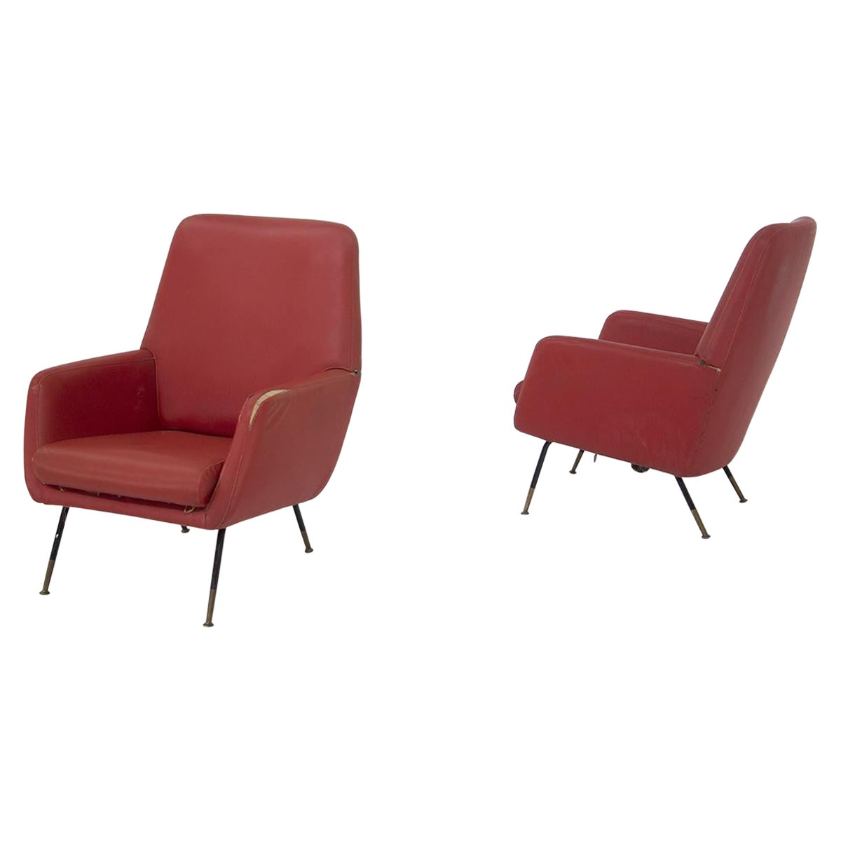Gastone Rinaldi Vintage Red Leather Armchairs with Brass Feet