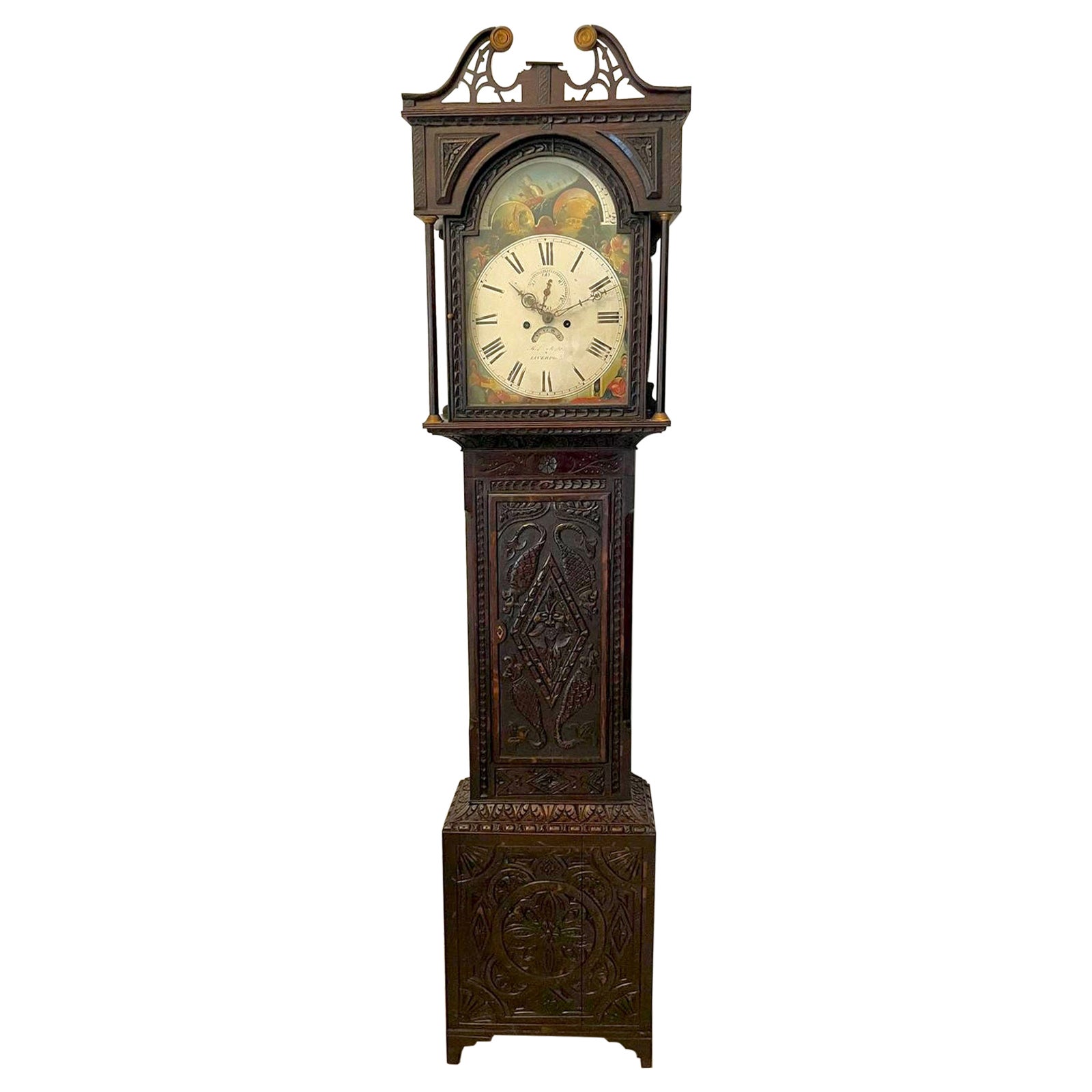 Antique George III Quality Carved Oak Moon Phase Longcase Clock