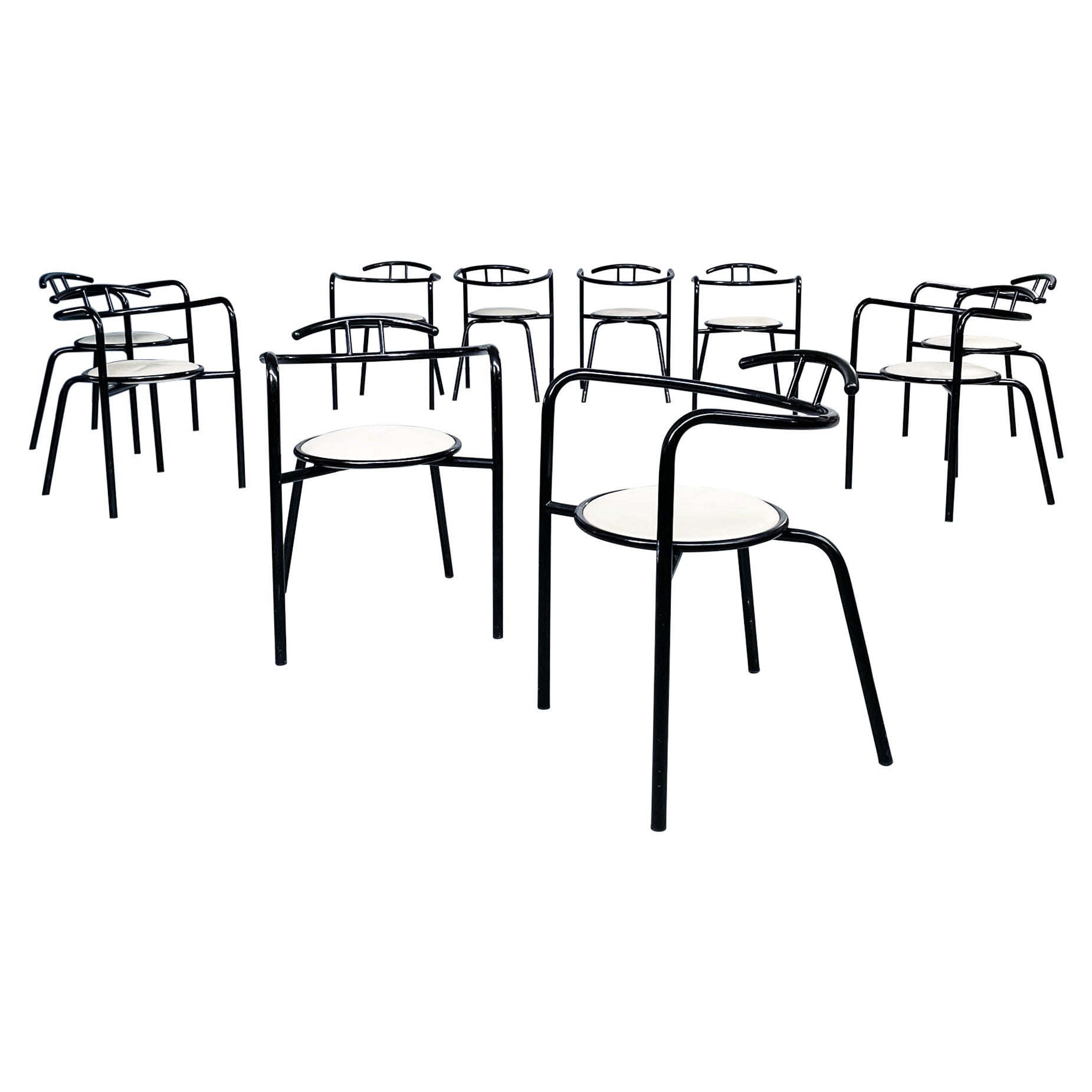 Italian MidCentury Modern Black Metal and White Fabric Chairs, 1980s