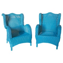 1970s Spanish Pair of Wicker Armchairs Painted in Blue