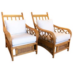1980s Spanish Pair of Bamboo and Wicker Upholstered Armchairs