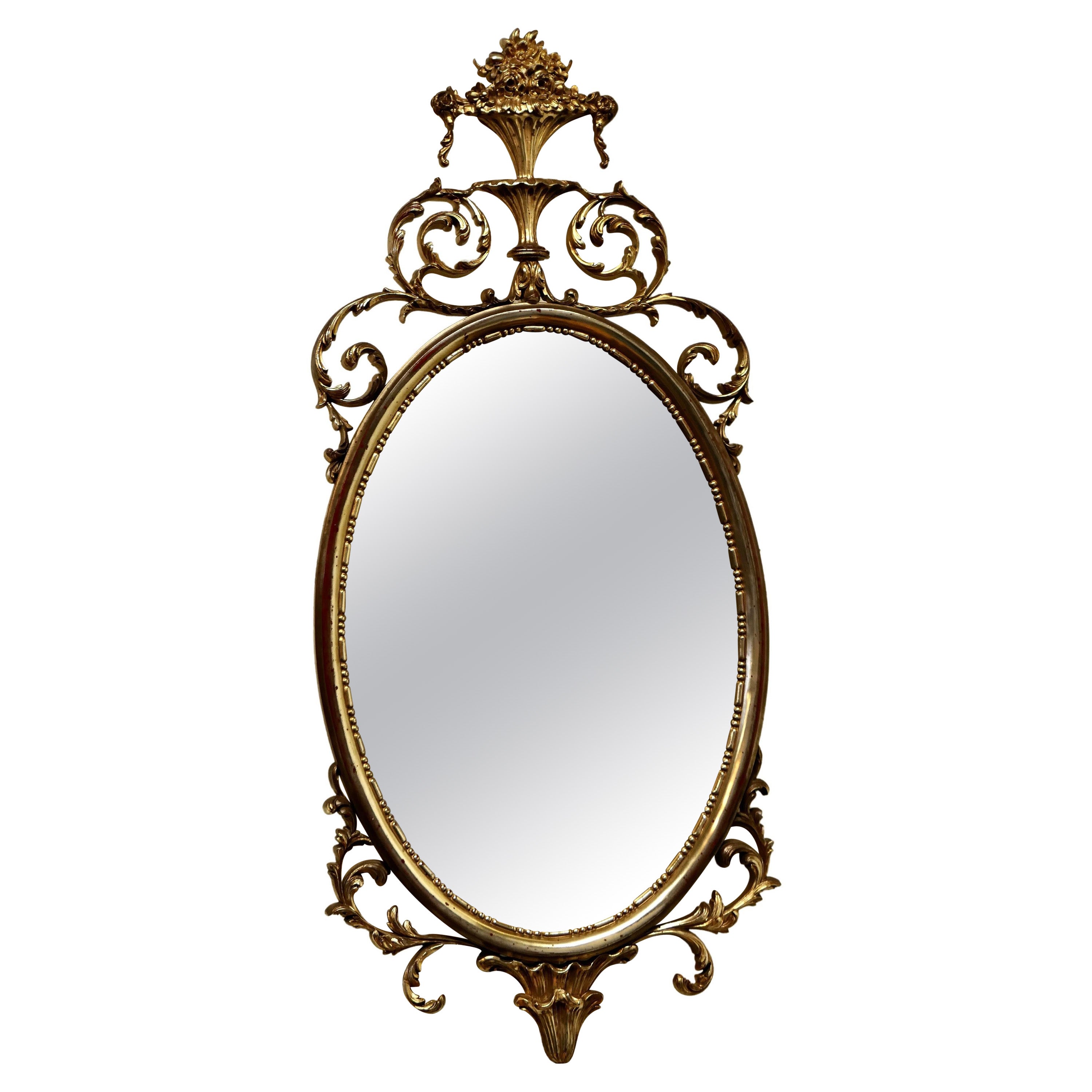 Large Gold Crested Rococo Style Oval Wall Mirror  For Sale