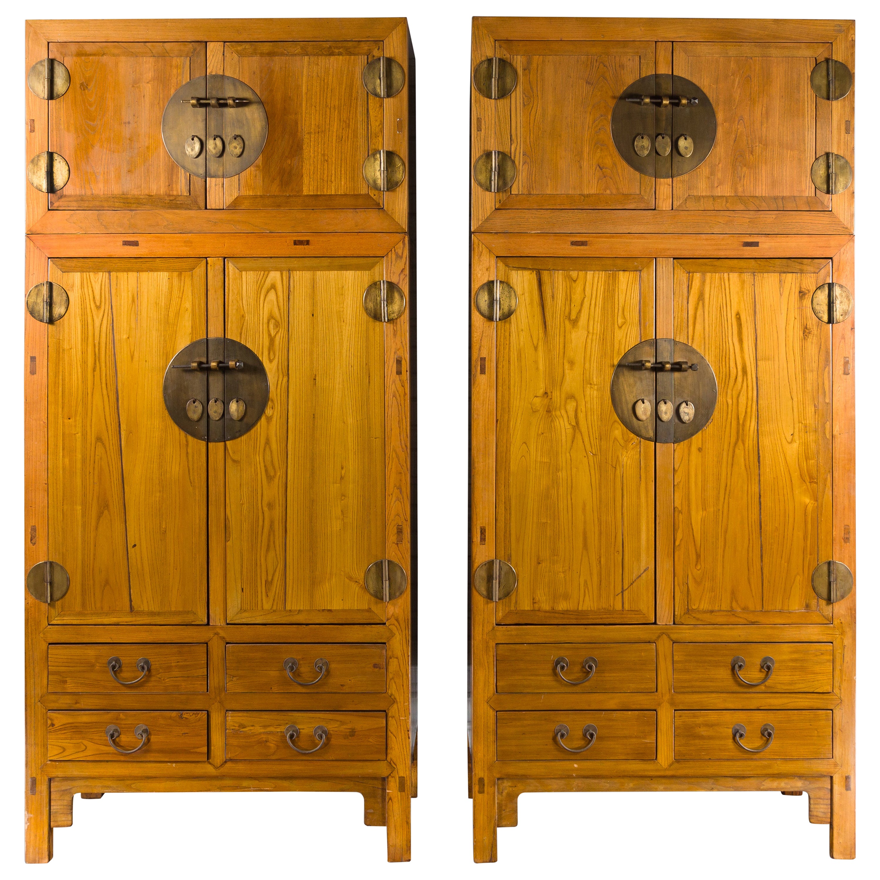 Pair of Chinese Qing Dynasty Period Elm Compound Cabinets with Doors and Drawers For Sale