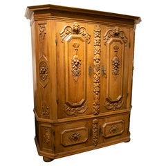 German Hand Carved Wooden Cupboard with Fruit and Angel Scenes