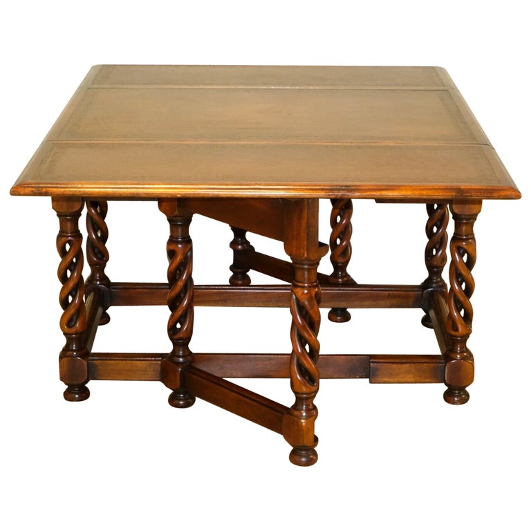 Brown Elegant Theodore Alexander Drop Leaf Coffee Table Leather Top