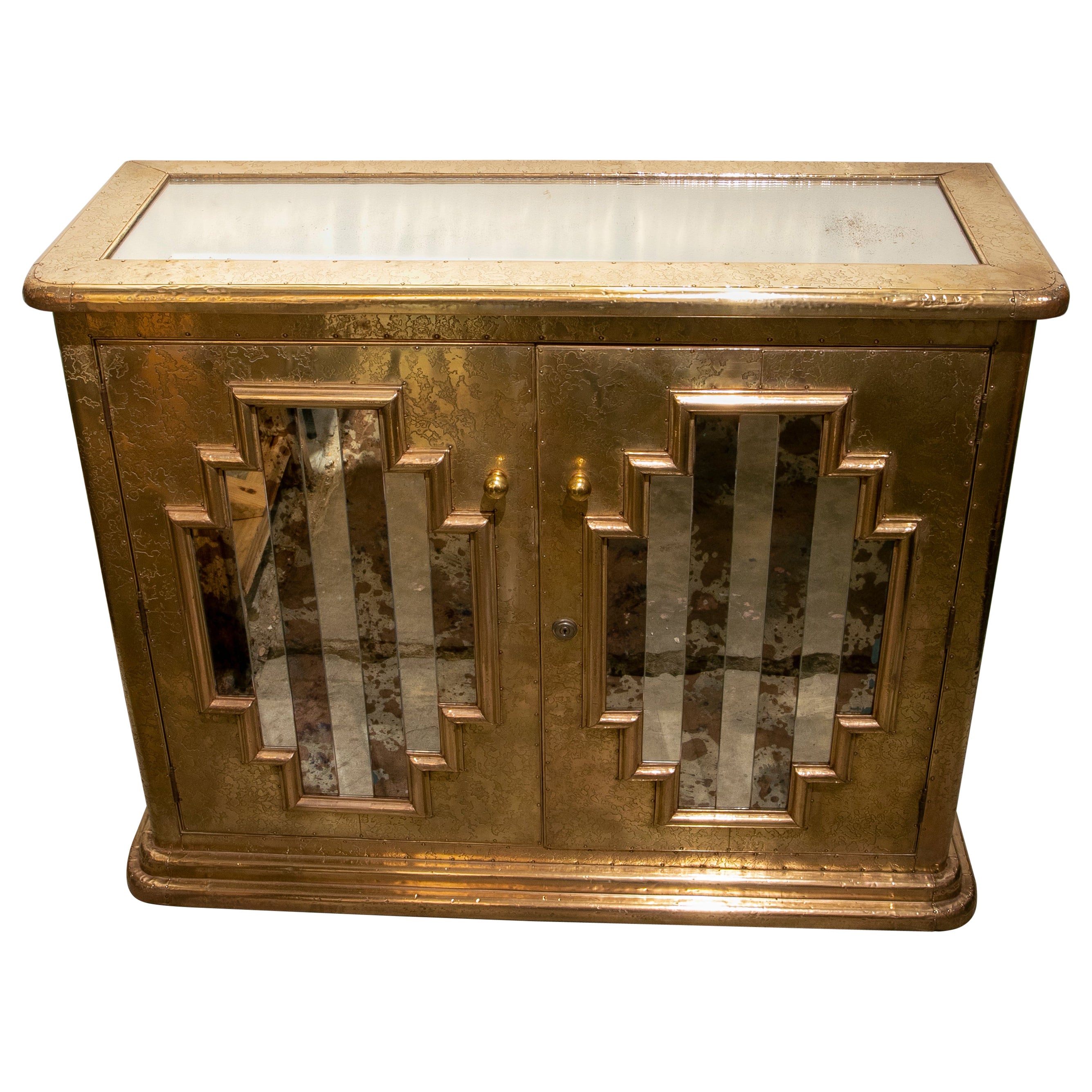 1980s, Spanish Console with Brass Doors and Mirrors For Sale