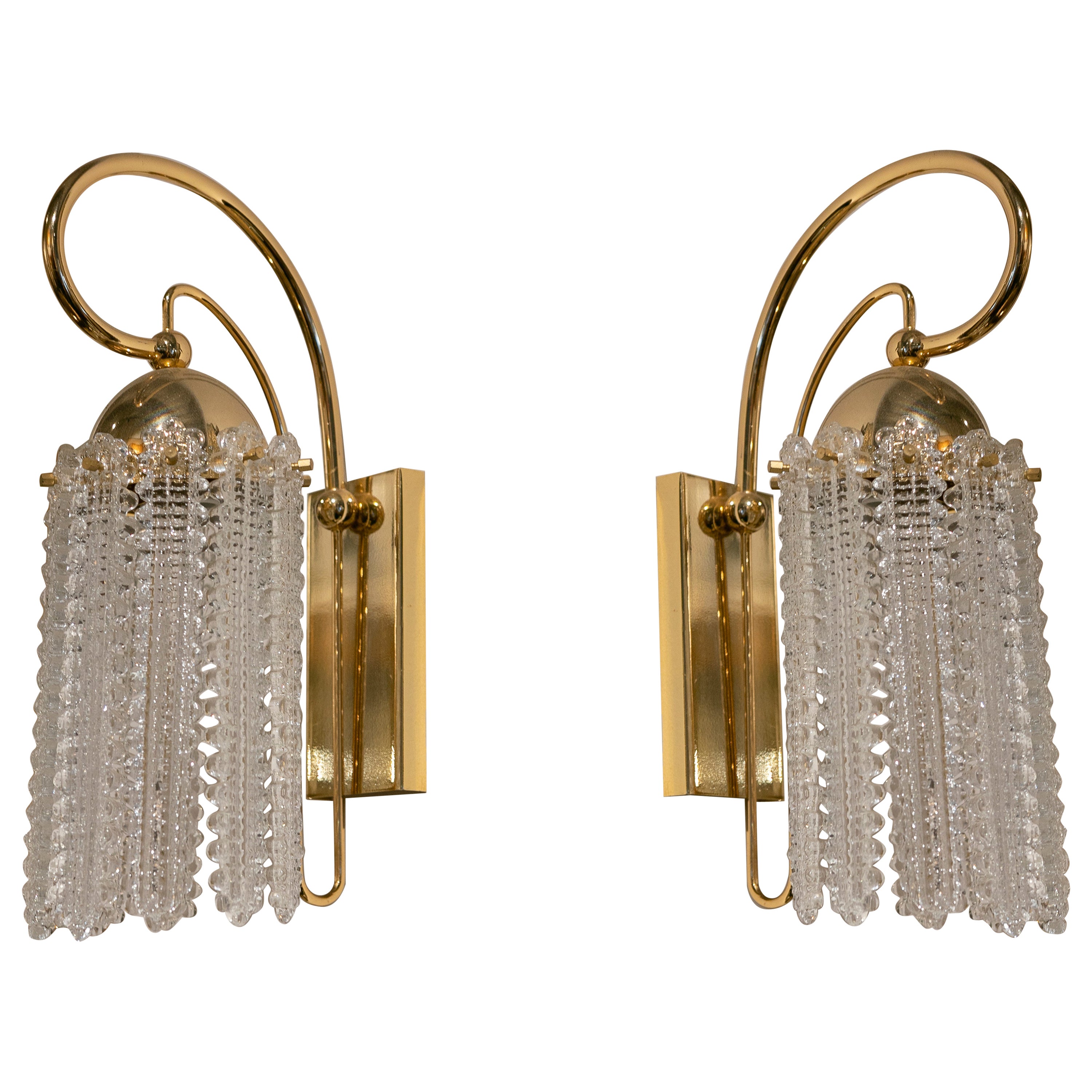 1970s Spanish Pair of Sconces in Gilded Metal with Crystals