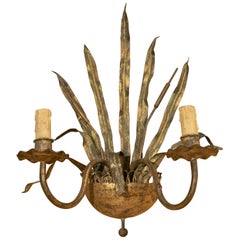 1970s Spanish Wall Lamp in Gilded Metal with Palm Leaf Shapes