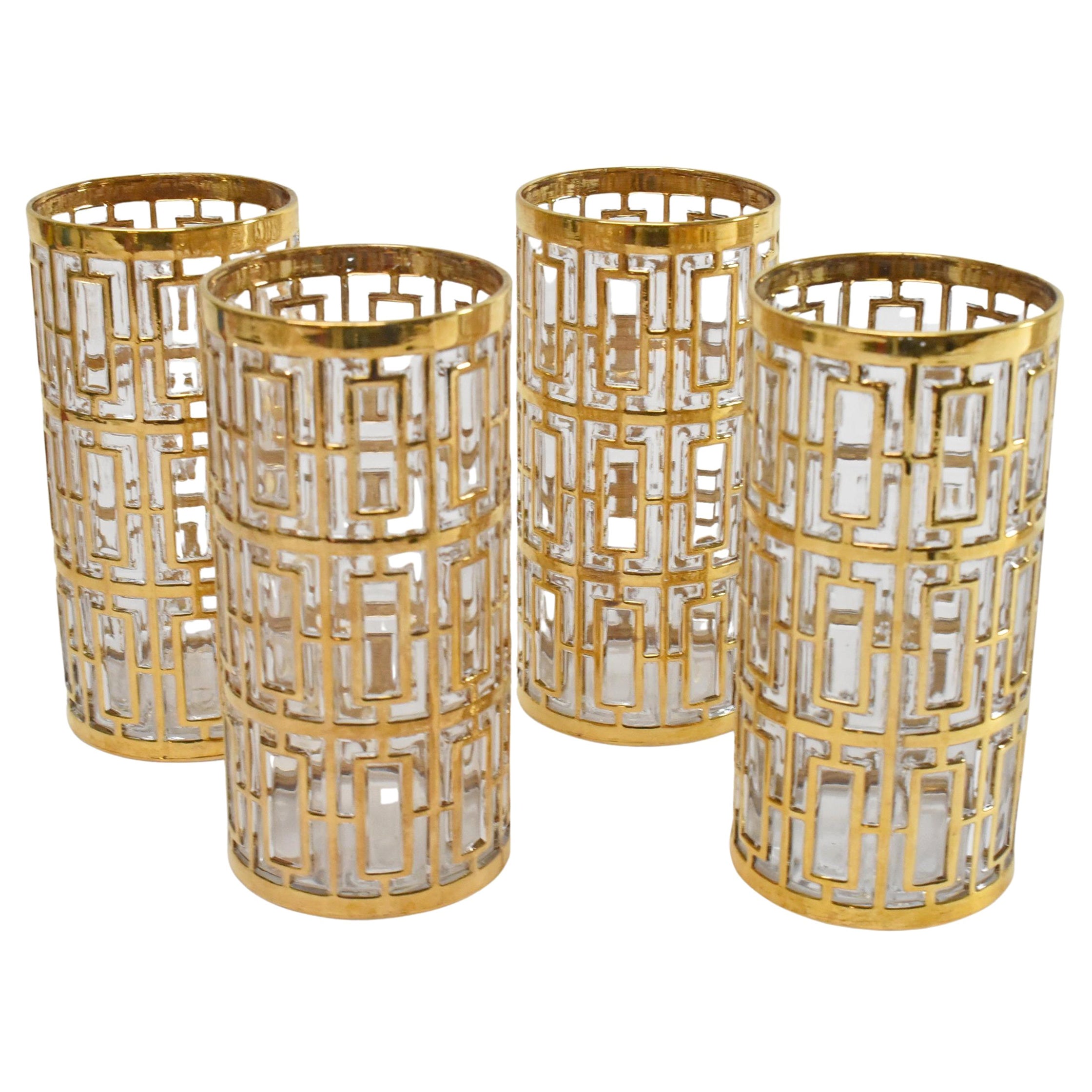 4 Imperial Glass Highball Glasses with 22K Gold Overlay Shoji Pattern