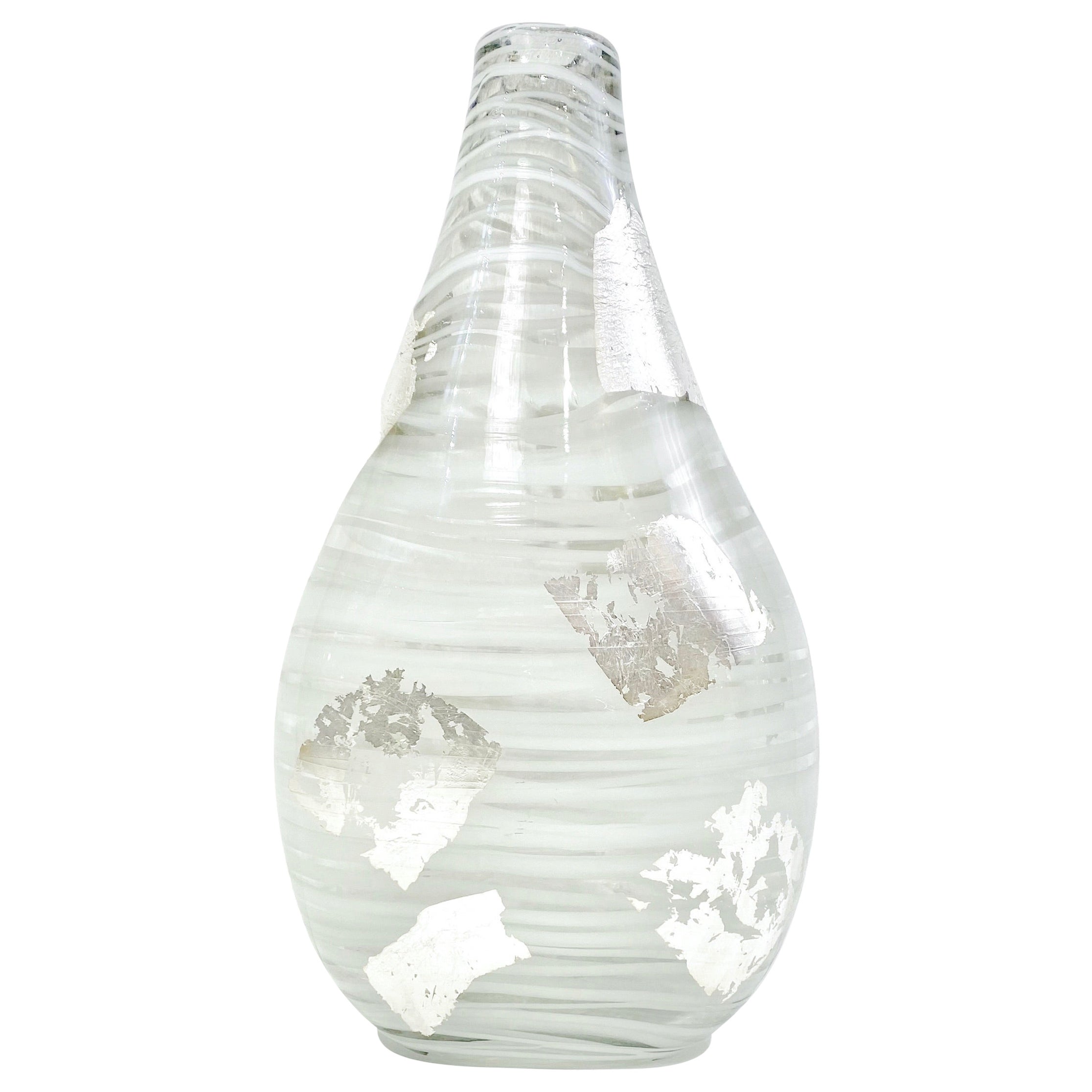 Italienische Art Deco Stil Silber Blatt weiß klar Murano Glas Skulptur Vase
