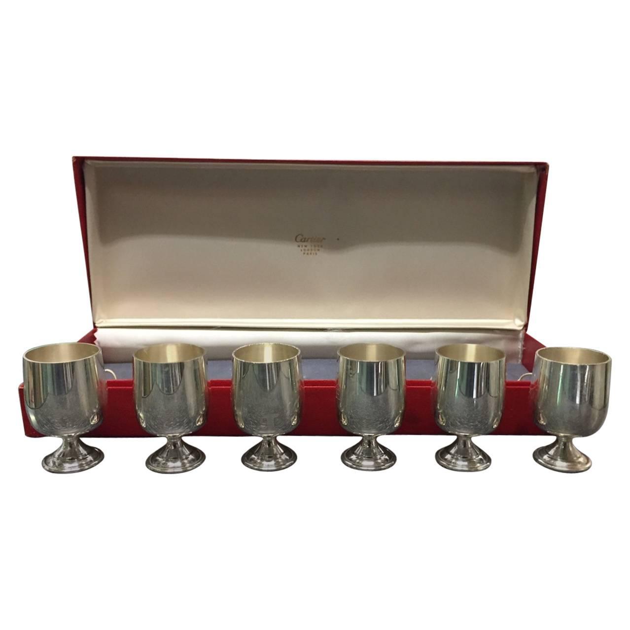 Set of Six Small Sterling Silver Cups by Cartier For Sale at 1stdibs