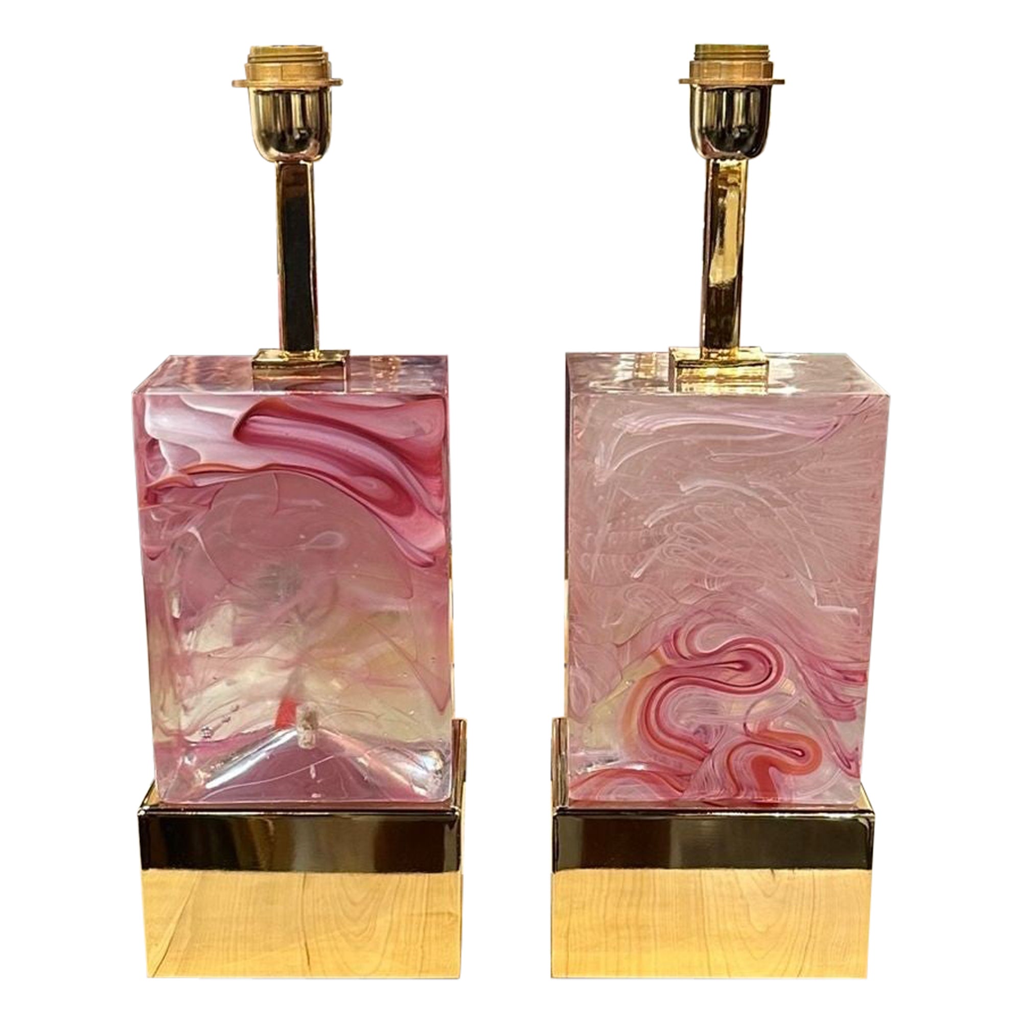 Pair of Pink Murano Glass Block Lamps For Sale