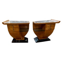Matching Pair of End Tables Honey Blonde Wood with Vitrolite Glass Tops