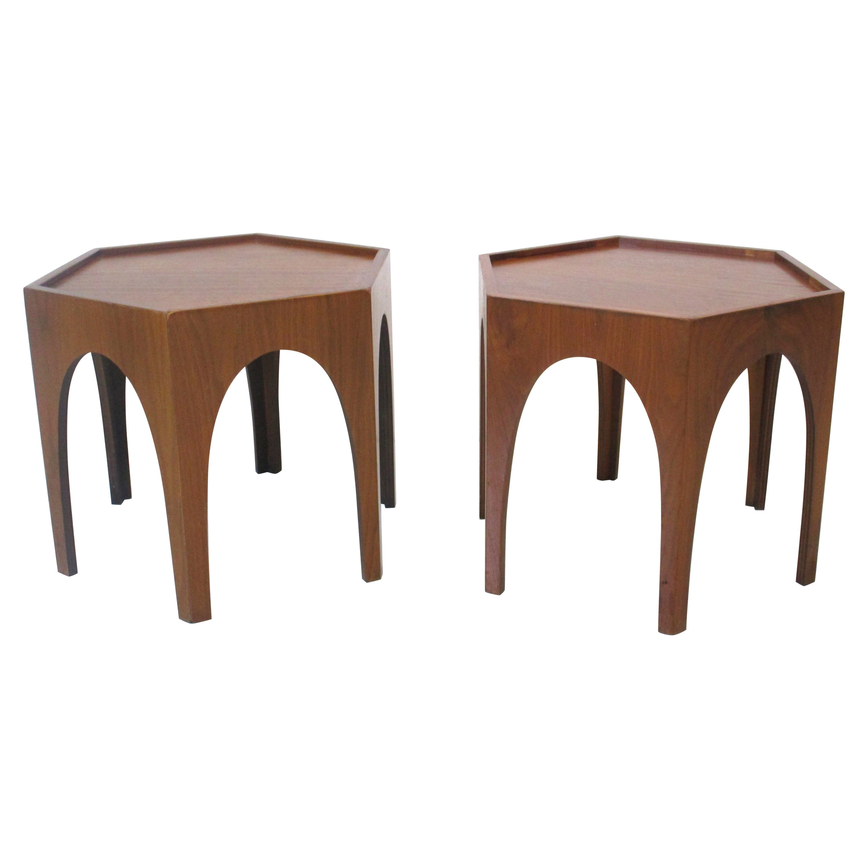 Mid Century Hexagon Walnut Side Tables in the style of Heritage
