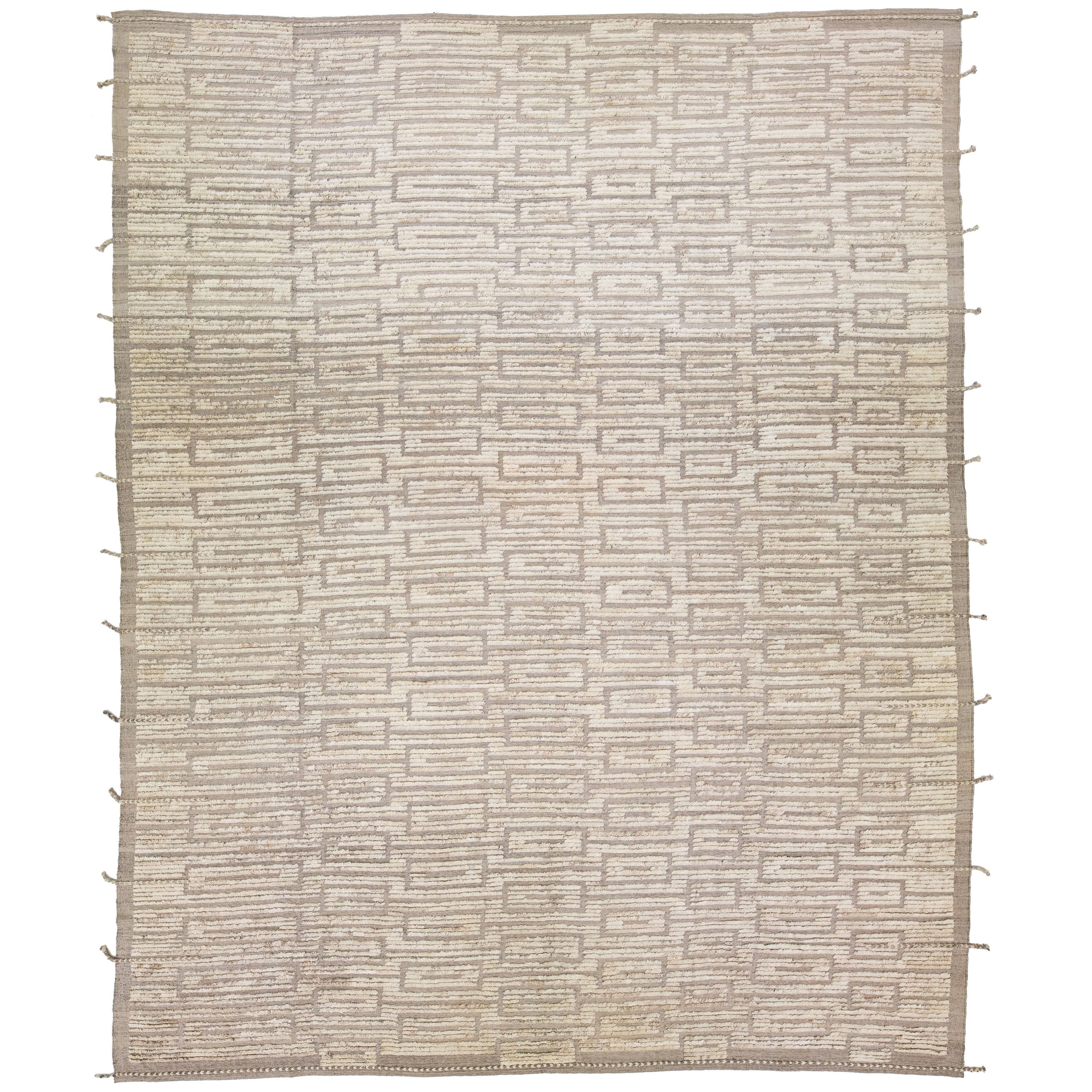 Beige Modern Moroccan Style Handmade Geometric Wool Rug For Sale