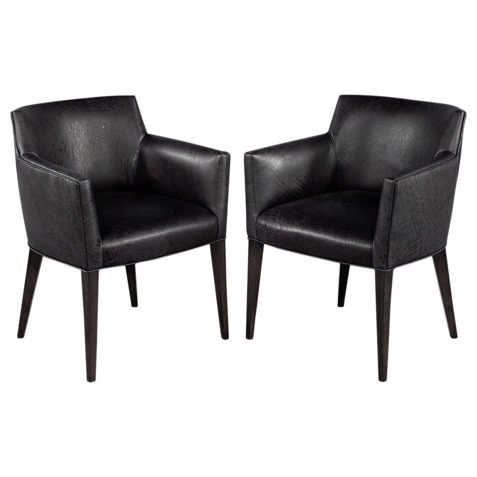 Pair of Black Patterned Leather Arm Chairs