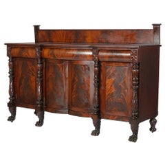 Antique American Empire Classical Greco Carved Flame Mahogany Sideboard c1860