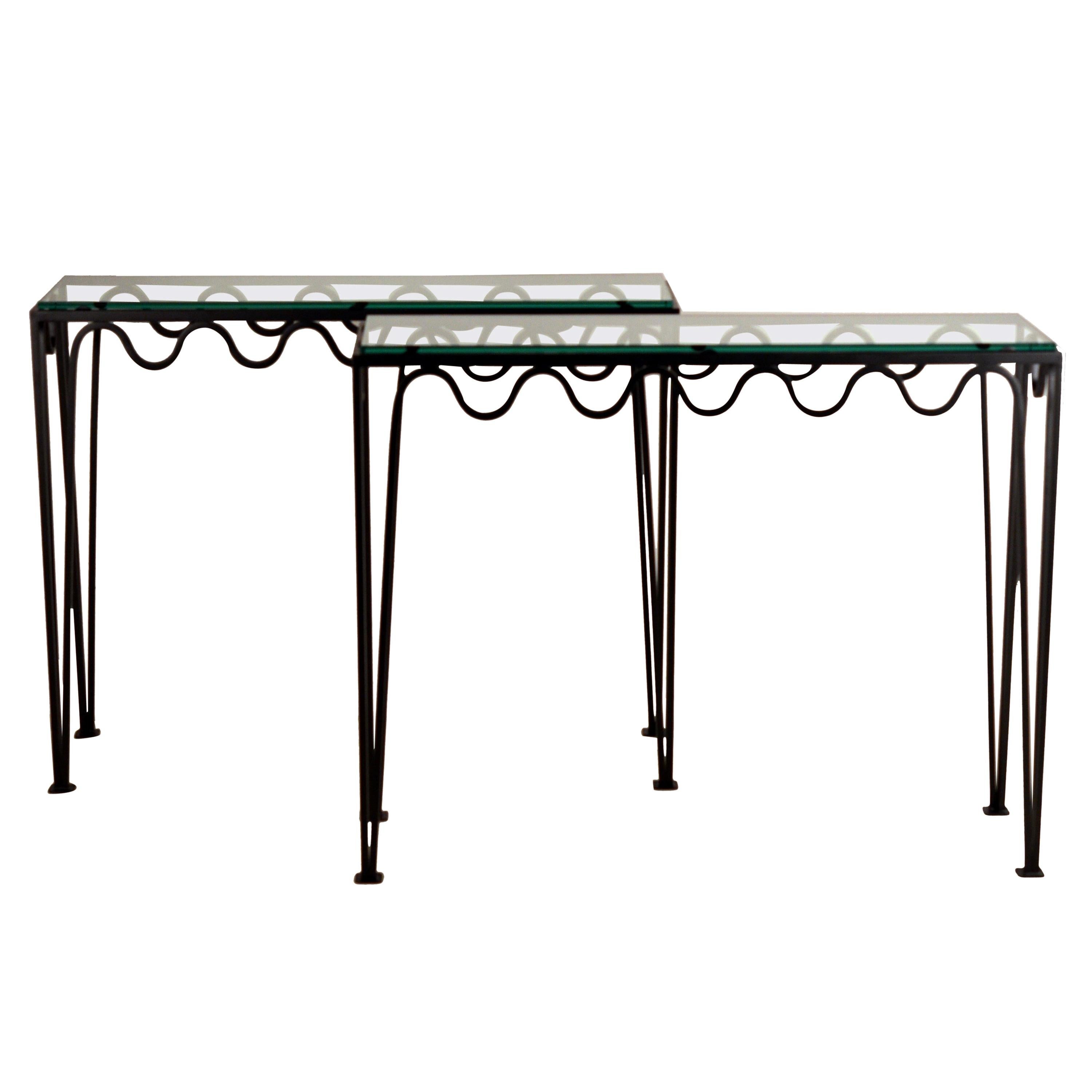Pair of Undulating 'Méandre' Wrought Iron and Glass Consoles by Design Frères