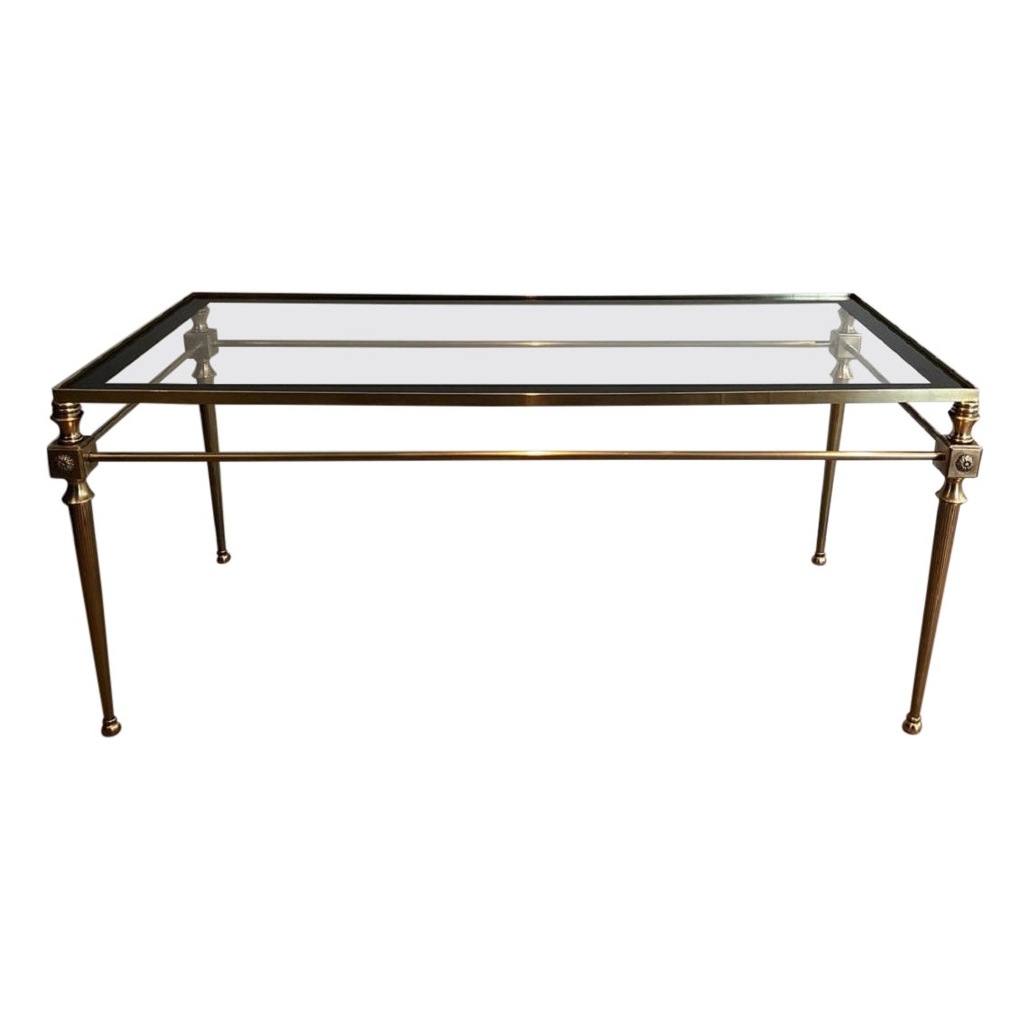 Brass Coffee Table with Glass Top Surrounded by Black Lacquered Line For Sale