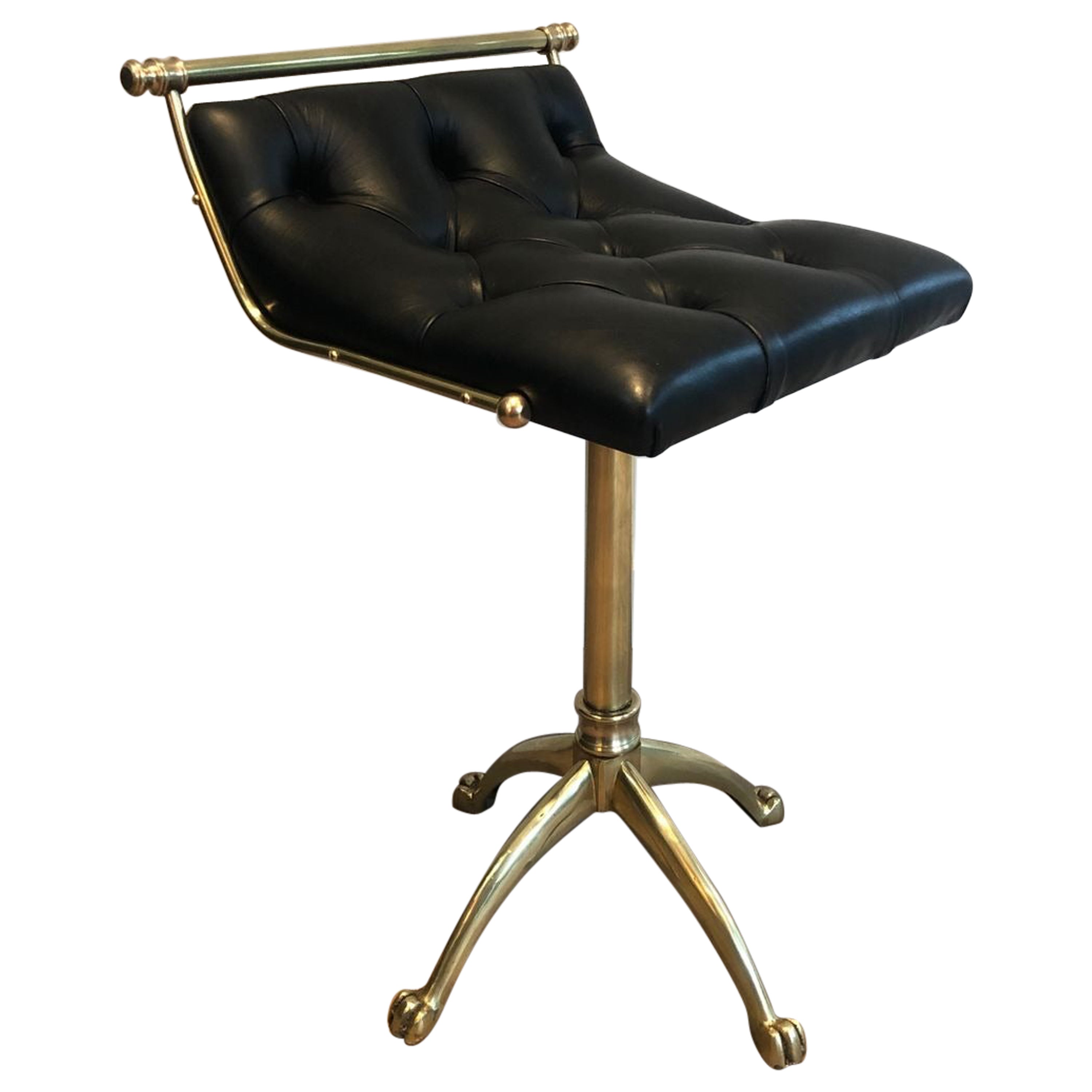 Brass Stool with Claw Feet and Leather Seat