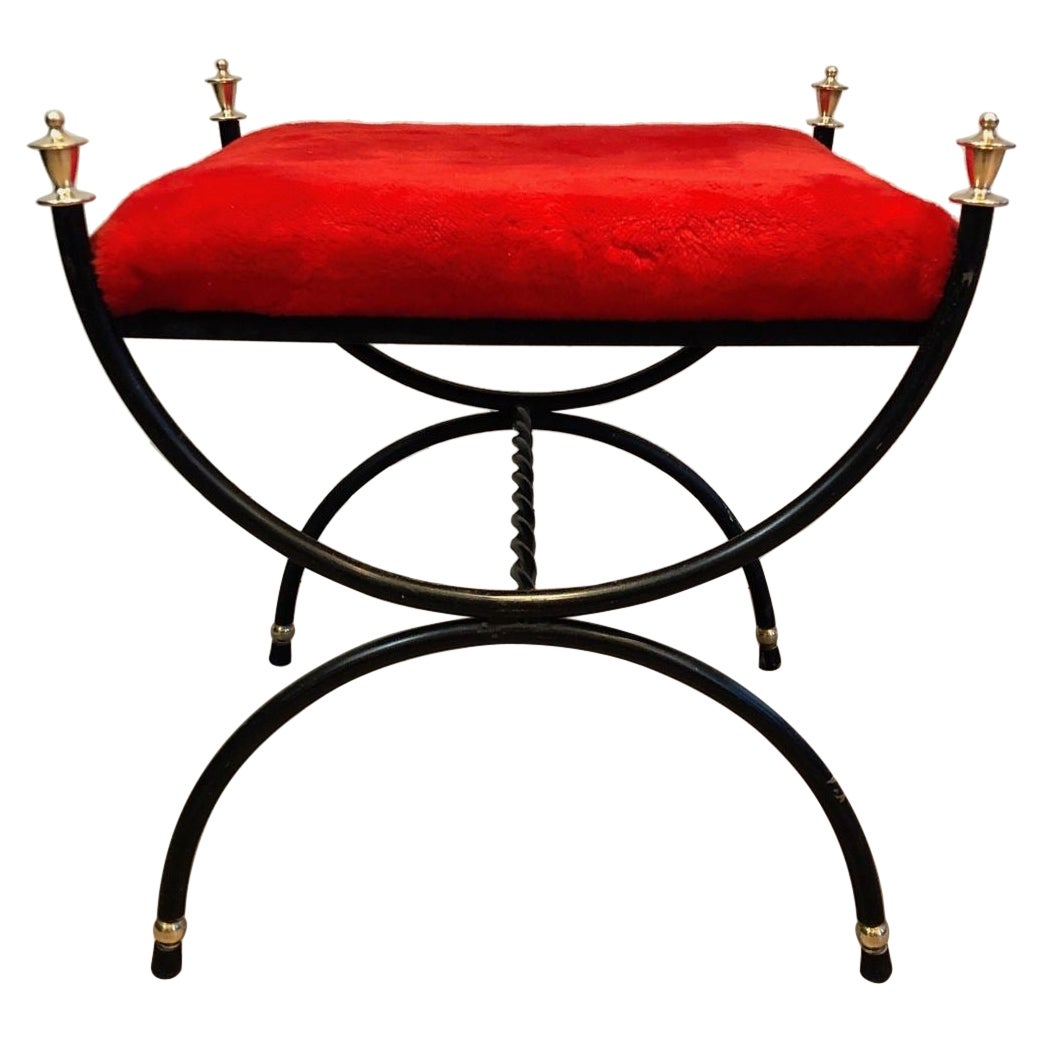 Neoclassical Style Black Lacquered and Brass Stool with Velvet Seat, circa 1940