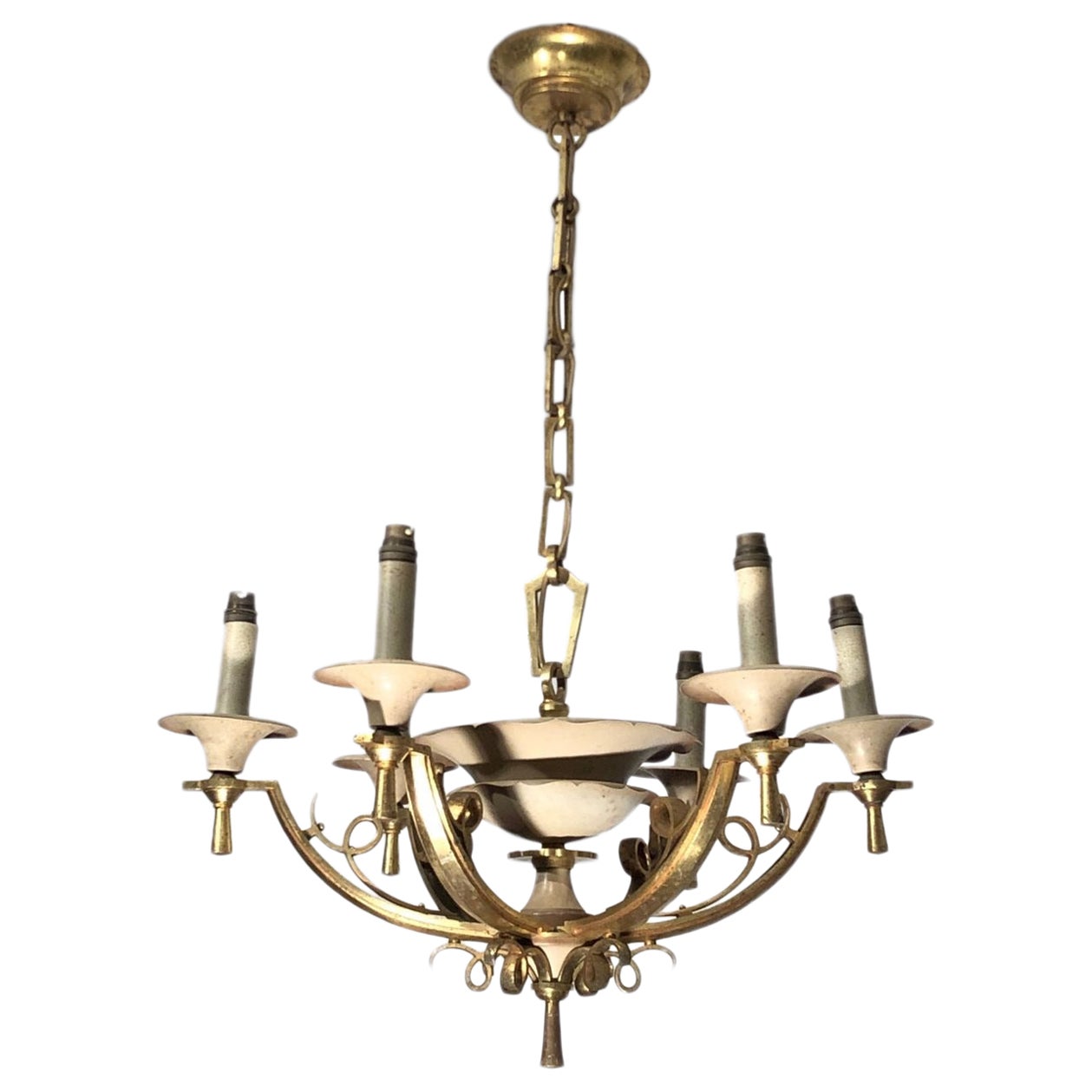 Lacquered Metal and Brass Chandelier, circa 1940 For Sale