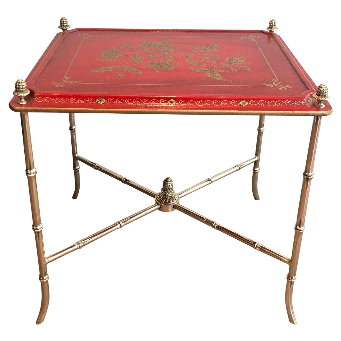 Faux-Bamboo Bronze Side Table with Red Lacquered and Gilt Decor Top, circa 1940