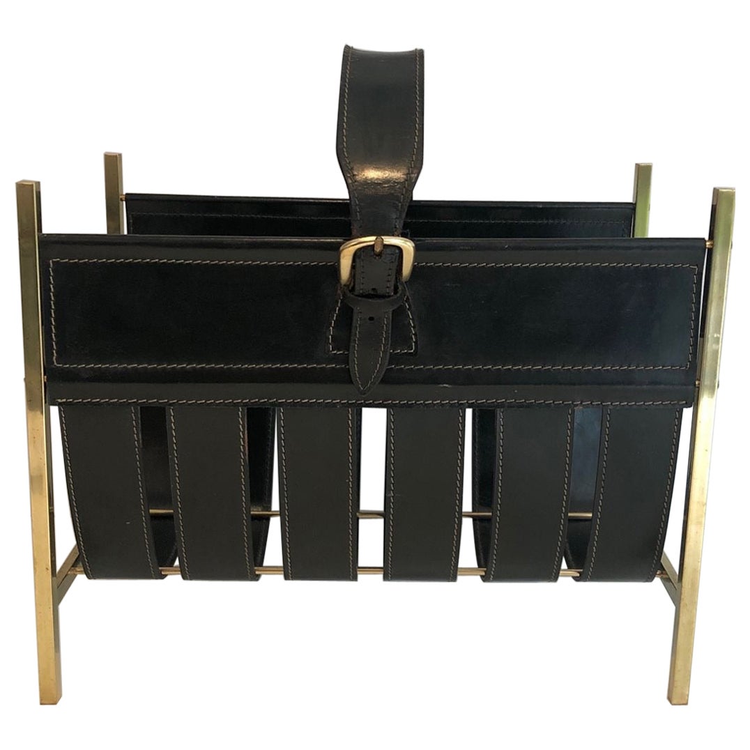Hand-Bag Brass and Leather Magazine Rack by Jacques Adnet, circa 1940 For Sale