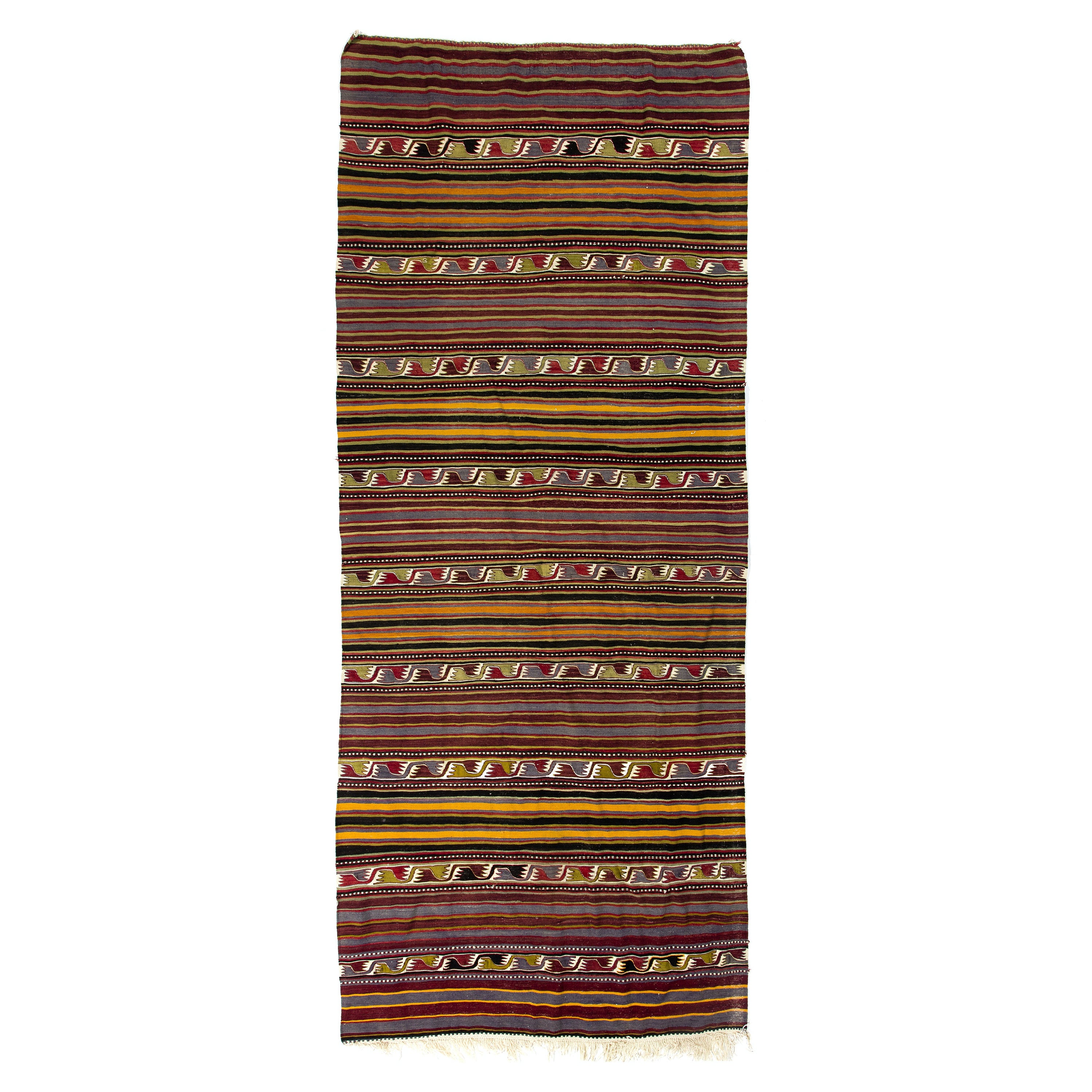 5.2x12.7 Ft Banded Hand-Woven Vintage Turkish Runner Kilim 'FlatWeave', All Wool For Sale