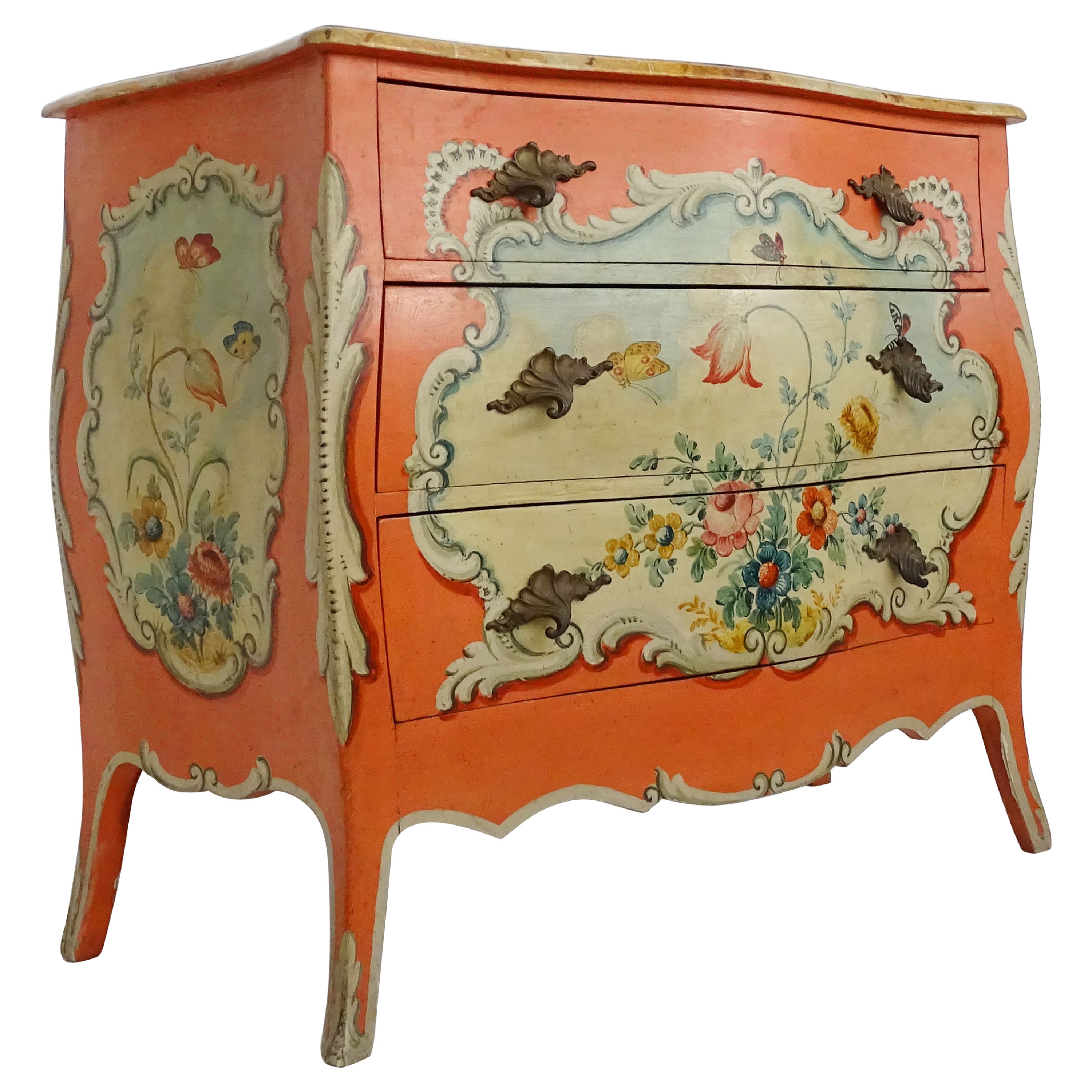 Splendid Italian 1940s Flowers and Butterflies Painted Commode For Sale