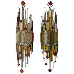 Pair of Large Hammered Glass Wrought Iron Sconces by Longobard, Italy, 1970s