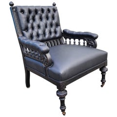 Aesthetic Movement Armchair In Carved and Ebonized Wood and Glove Leather
