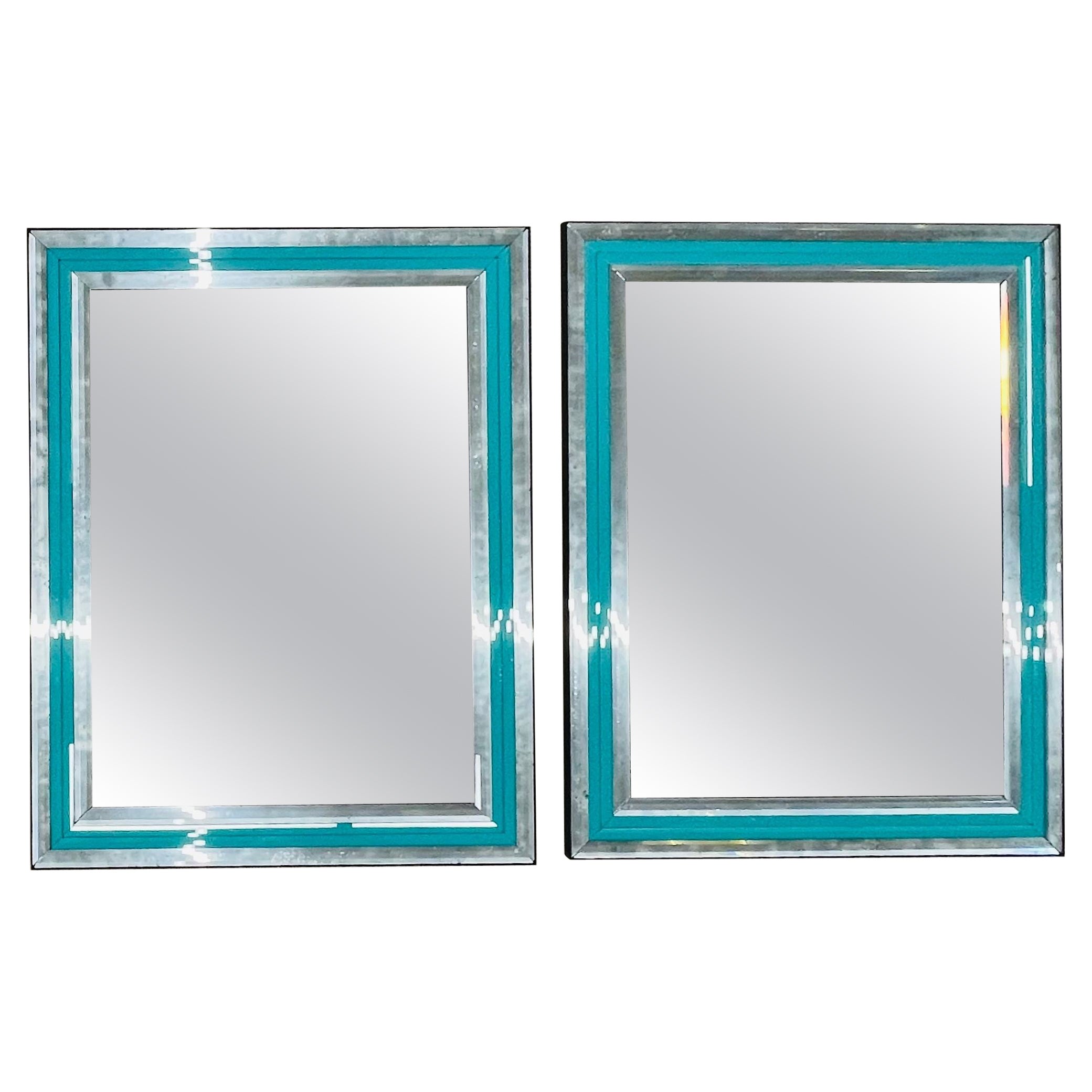 Pair of Art Deco Wall, Mantle or Console Mirrors with Turquoise Beveled Frames For Sale