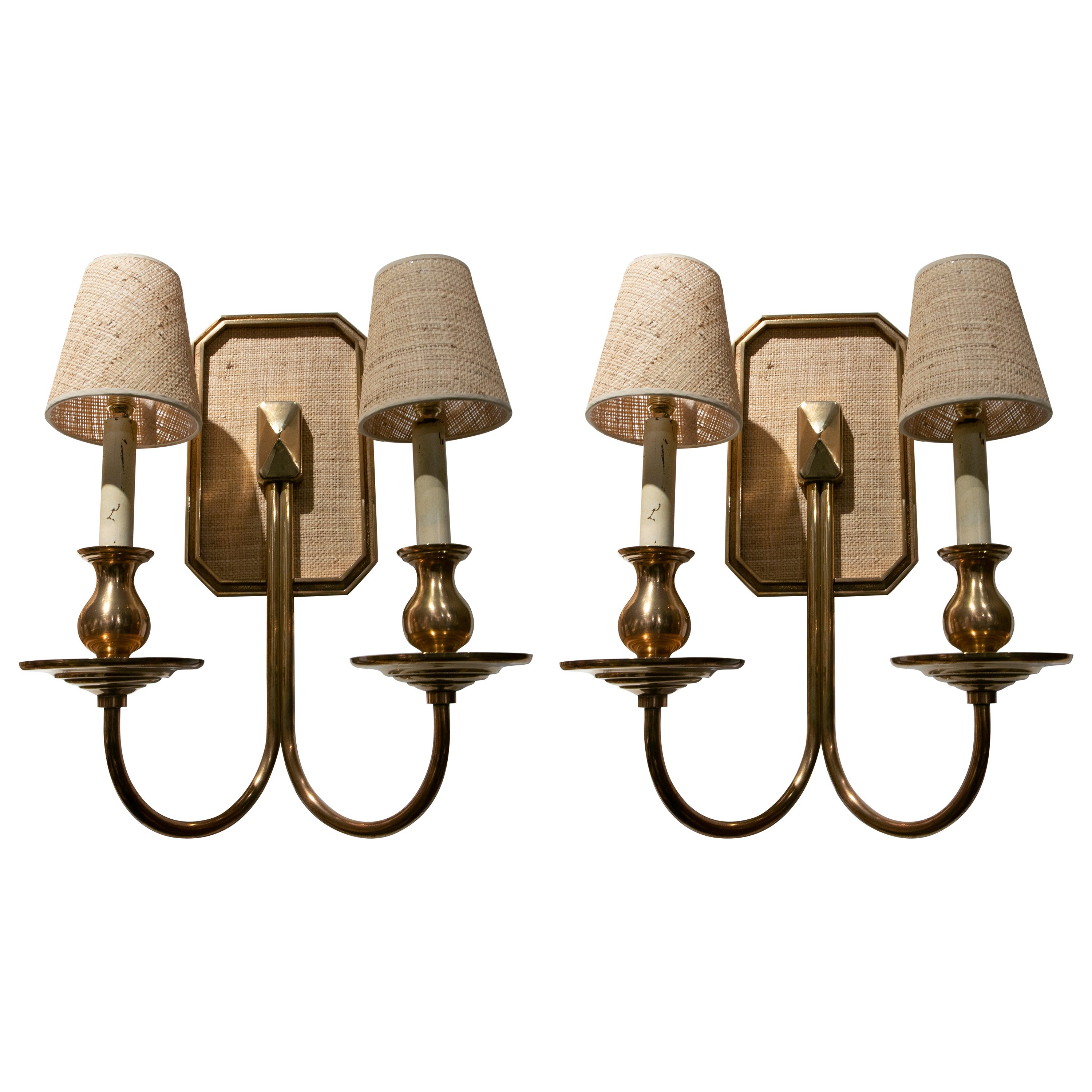 1970s Pair of Lined Bronze Sconces with Raffia Lampshades
