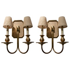Vintage 1970s Pair of Lined Bronze Sconces with Raffia Lampshades