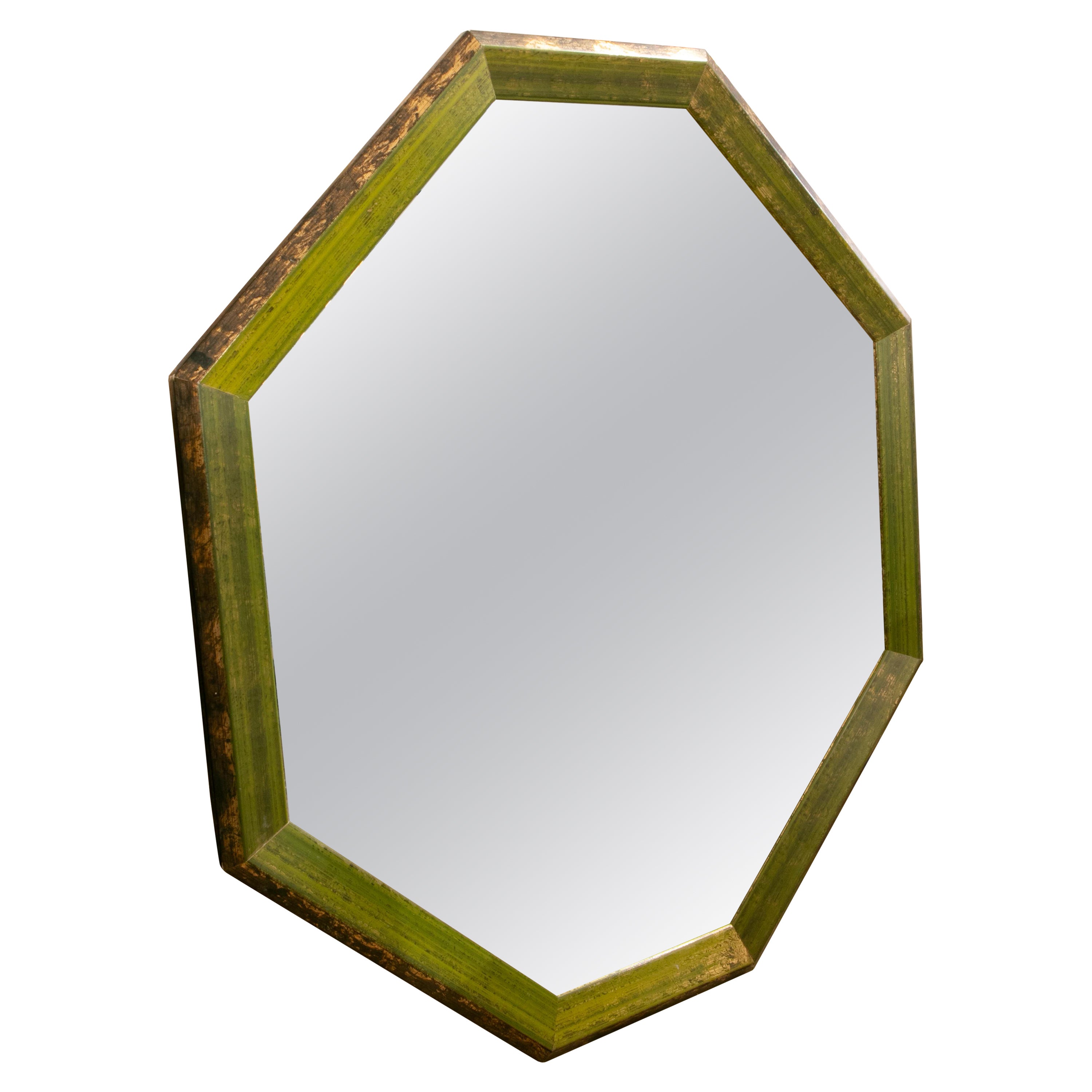 Wooden Octagonal Wall Mirror Painted in Green For Sale