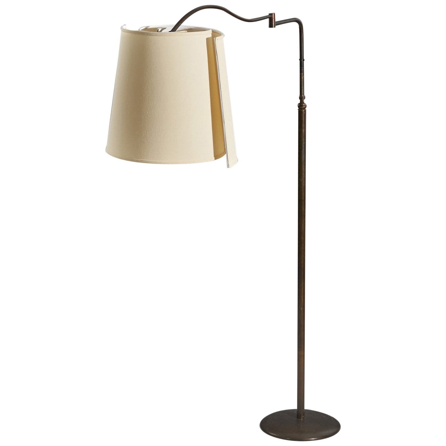 Italian Designer, Adjustable Floor Lamp, Brass, Fabric, Italy, 1940s For Sale