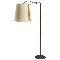 Vintage Italian Designer, Adjustable Floor Lamp, Brass, Fabric, Italy, 1940s