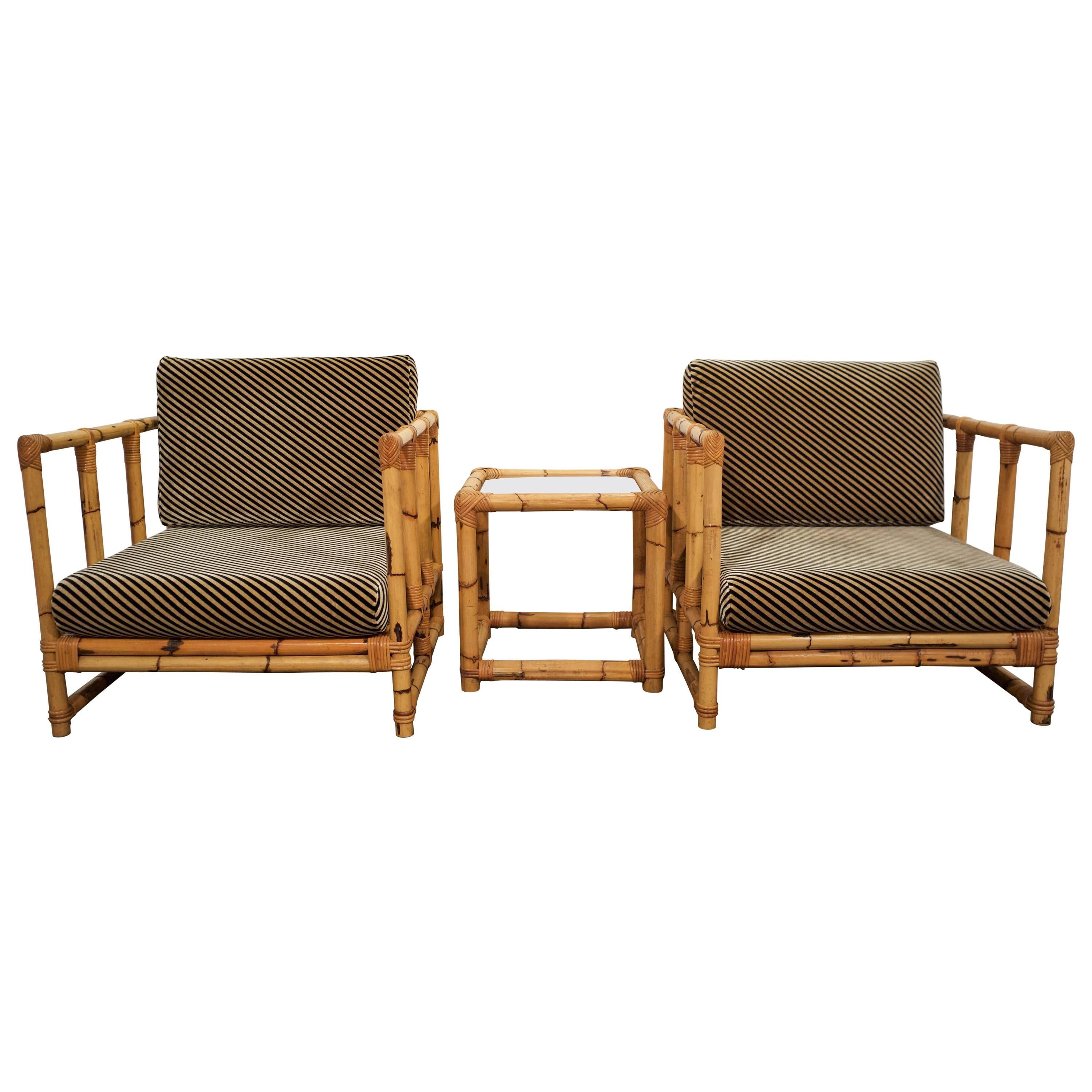Pair of Hollywood Regency Rattan Lounge Chairs with Side Table For Sale