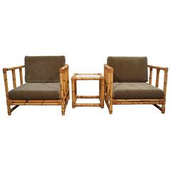 Vintage Pair of Hollywood Regency Rattan Lounge Chairs with Side Table