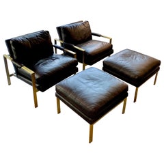 Set of Two Leather Chairs with Ottomans by RH
